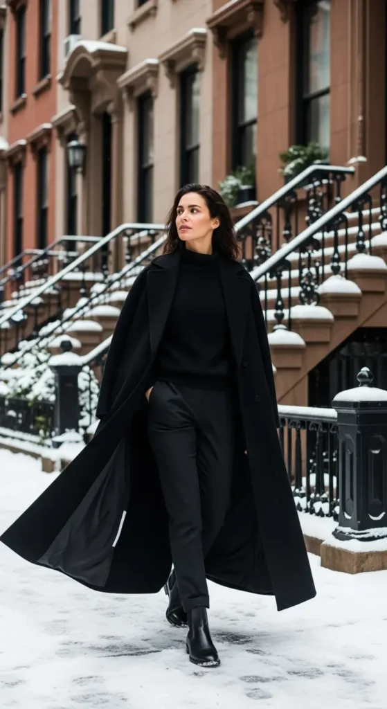 Black NYC winter coat outfit