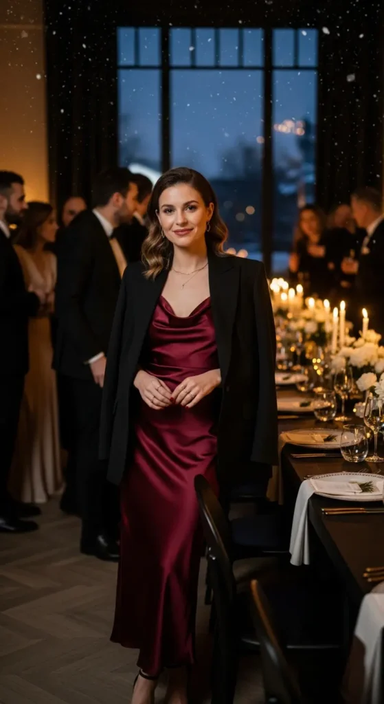 Burgundy satin winter wedding guest outfit