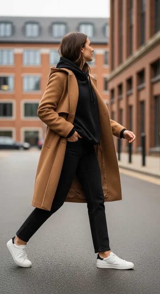 Camel hooded trench coat
