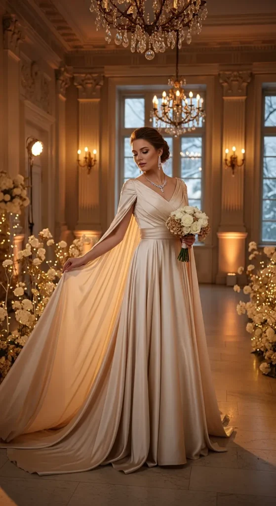 Champagne satin cape sleeve winter wedding