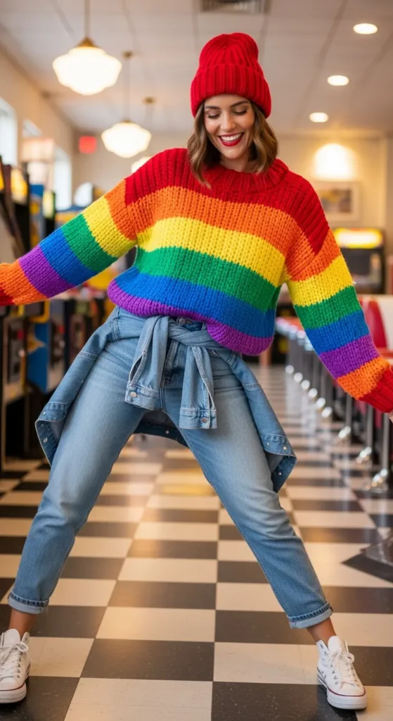 Colorful striped sweater winter outfit