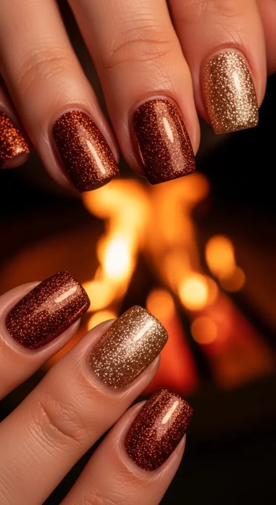 Copper glitter fall nails