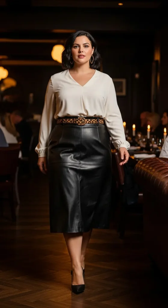 Curvy leather skirt outfit