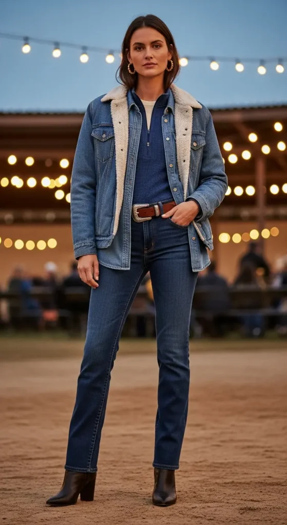 Denim layered country concert outfit