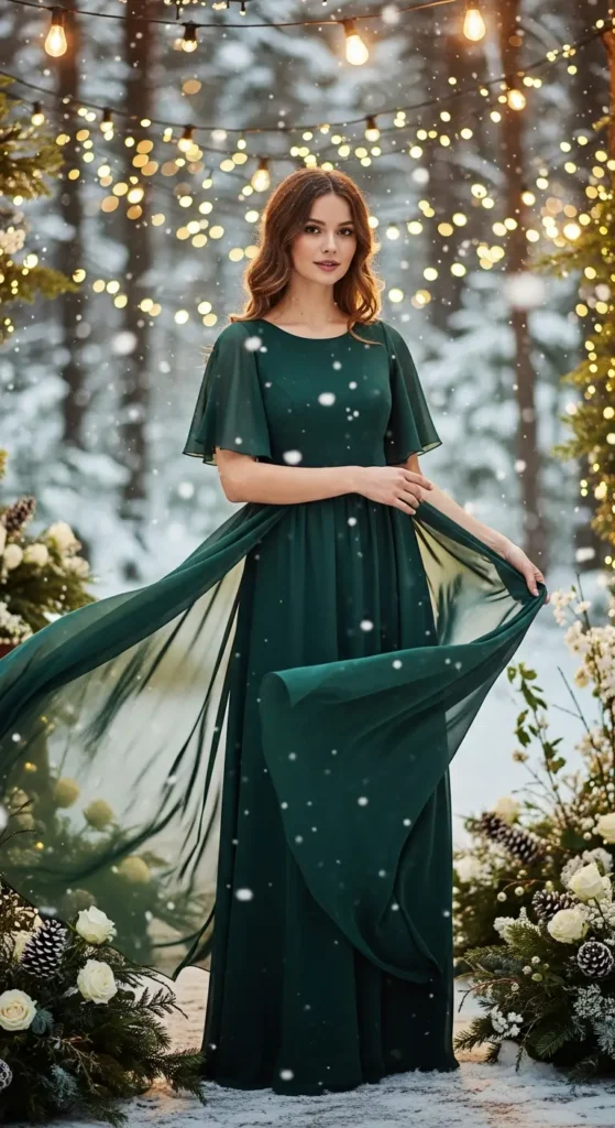 Forest green winter wedding maxi dress