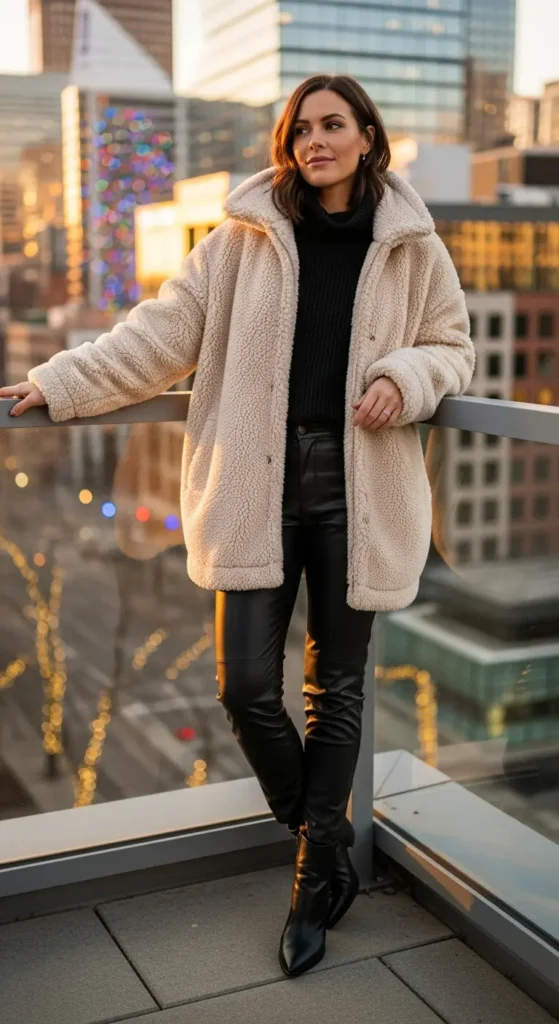 Fuzzy teddy jacket winter outfit