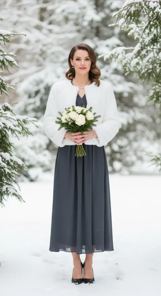 Gray midi faux fur winter wedding