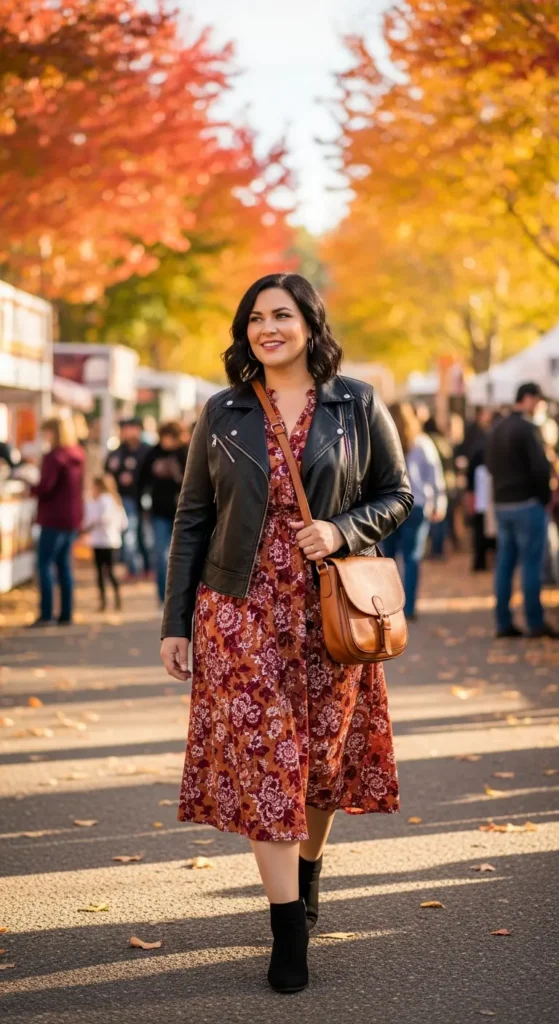 Midsize leather jacket dress outfit