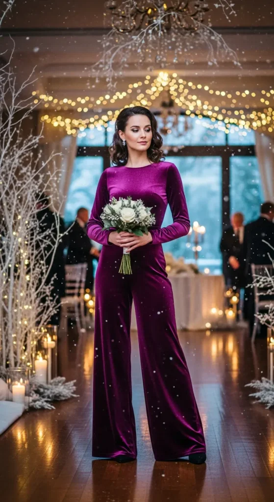Plum velvet jumpsuit winter wedding