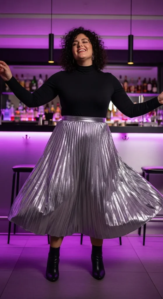 Plus size metallic skirt outfit