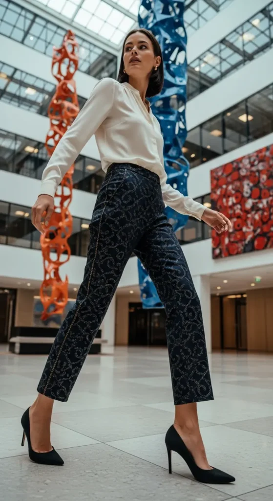 Printed trousers corporate party look