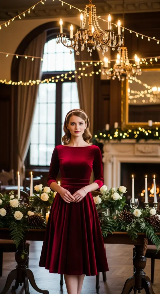 Red velvet tea length winter wedding