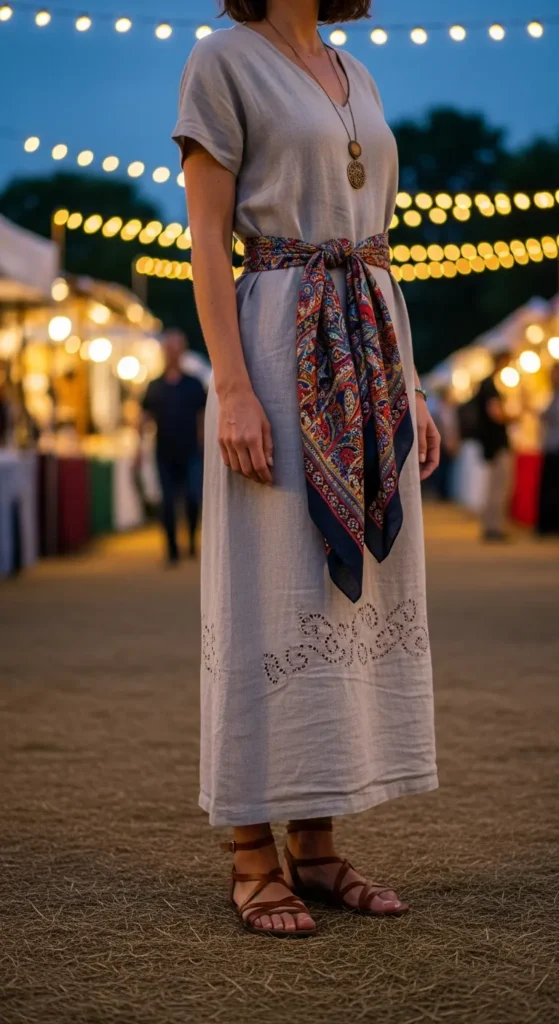 Scarf belted waist outfit