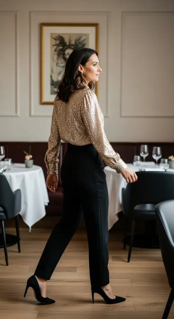 Sequined blouse corporate party look