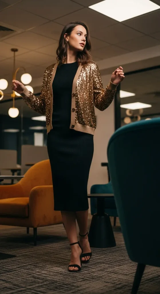 Sequined cardigan office party outfit