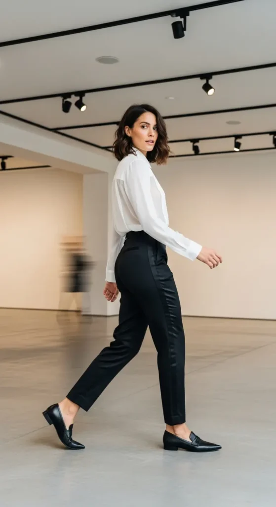 Tuxedo-inspired work party outfit