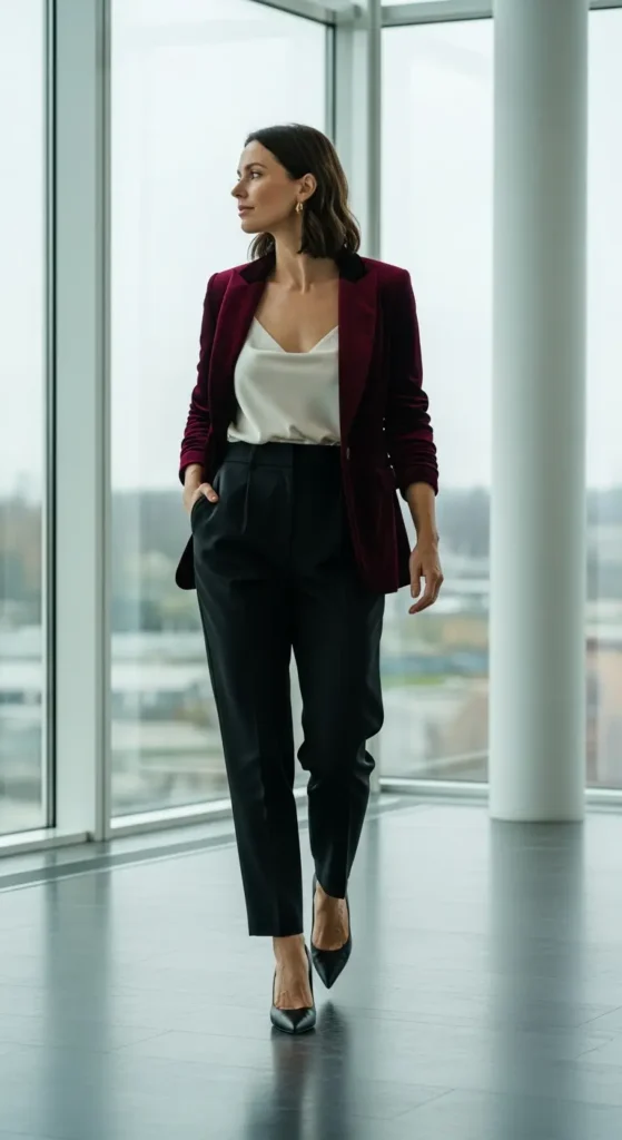 Velvet blazer corporate holiday outfit