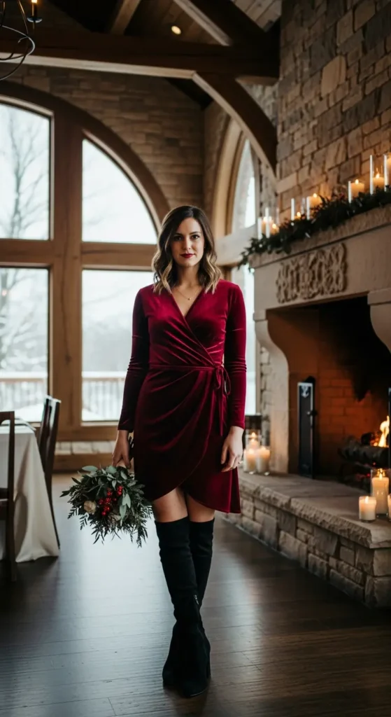 Wine velvet wrap dress winter wedding boots