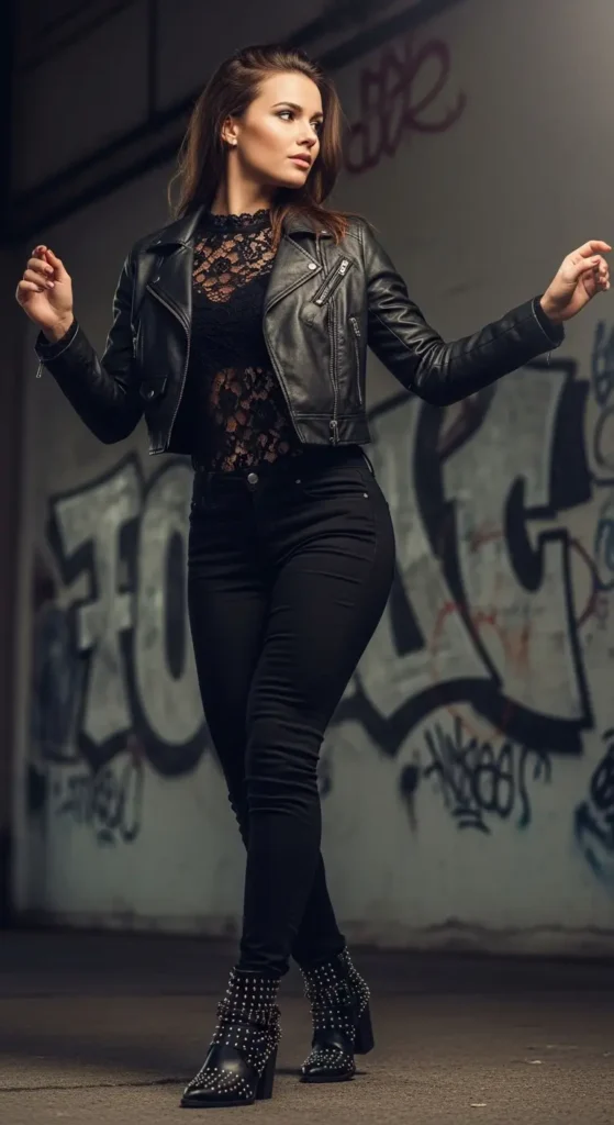 Black lace leather jacket outfit