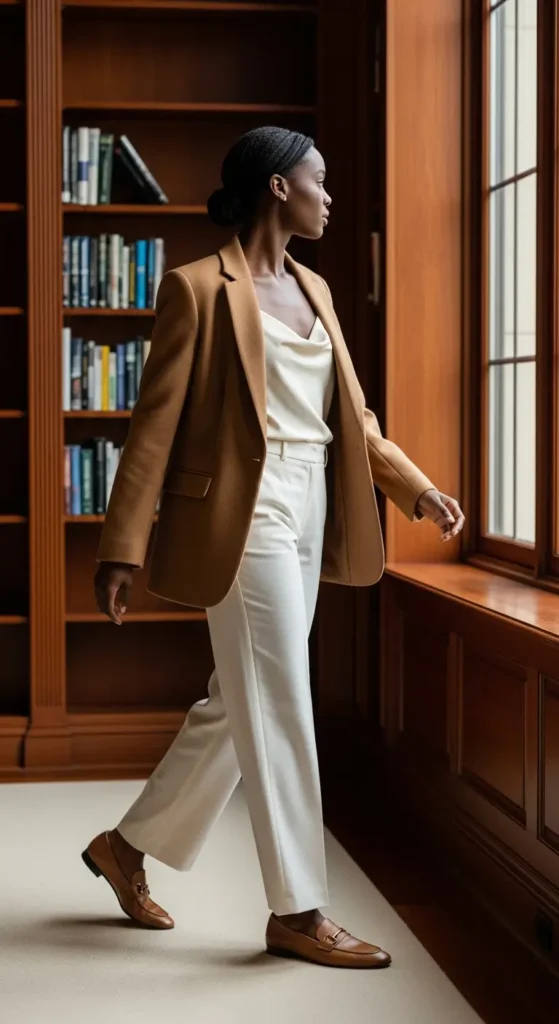 Black women old money style camel blazer