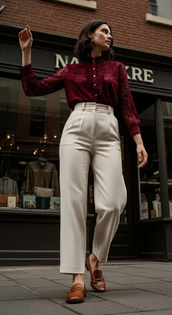 Burgundy lace wide-leg trousers