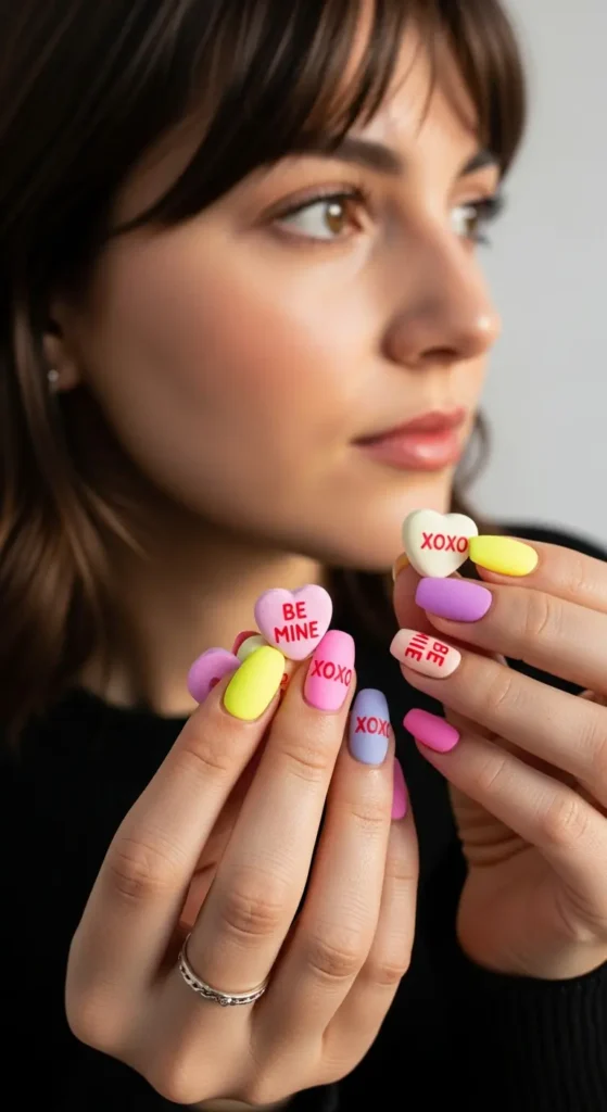 Conversation heart Valentine nails