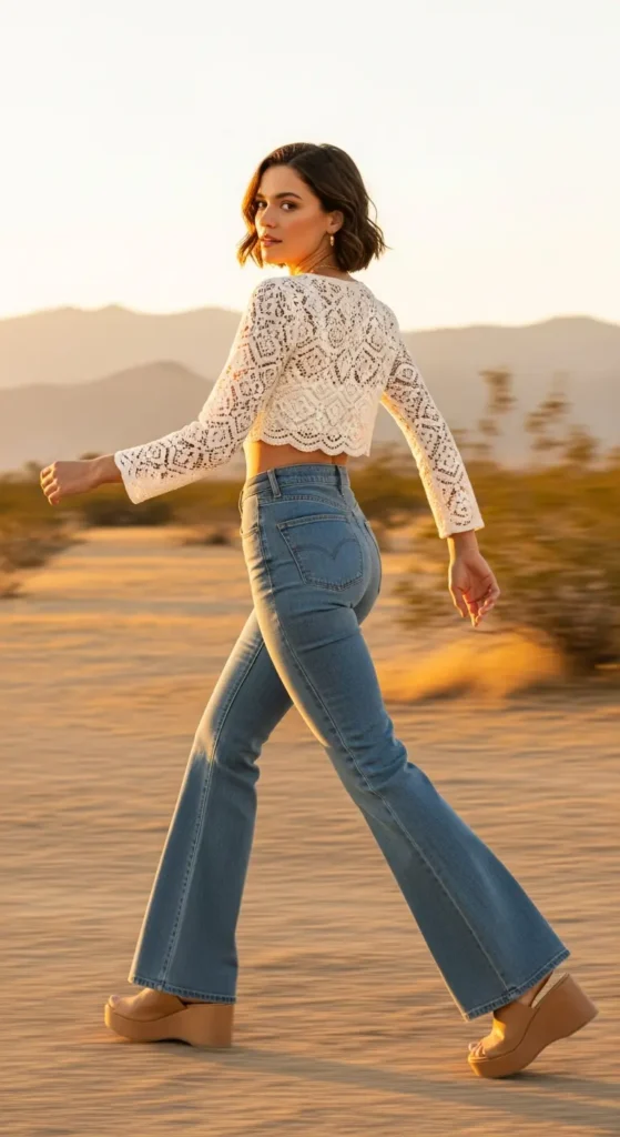 Crochet lace top flared jeans