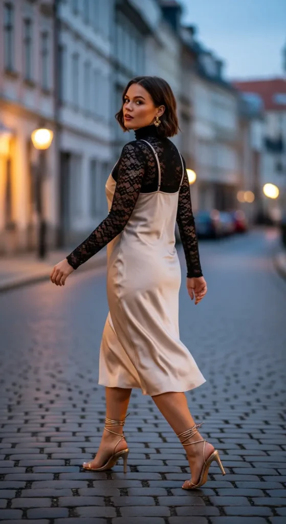 Lace top slip dress layering