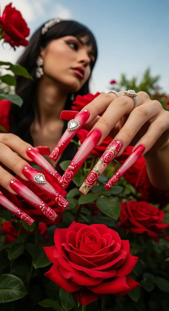 Long stiletto Valentine nail art