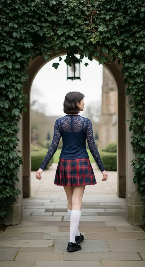 Navy lace plaid skirt outfit