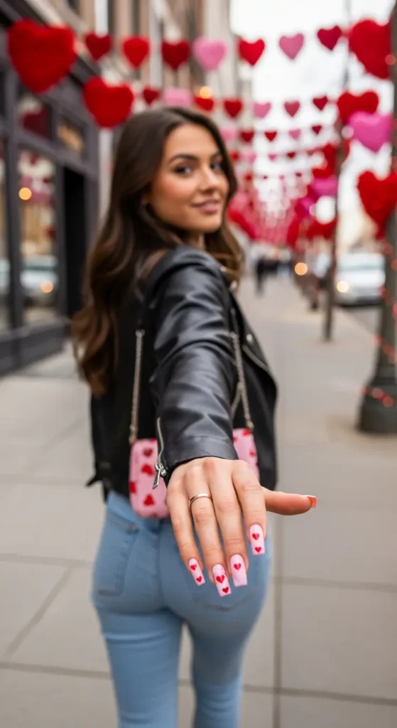 Pink Valentine heart nails