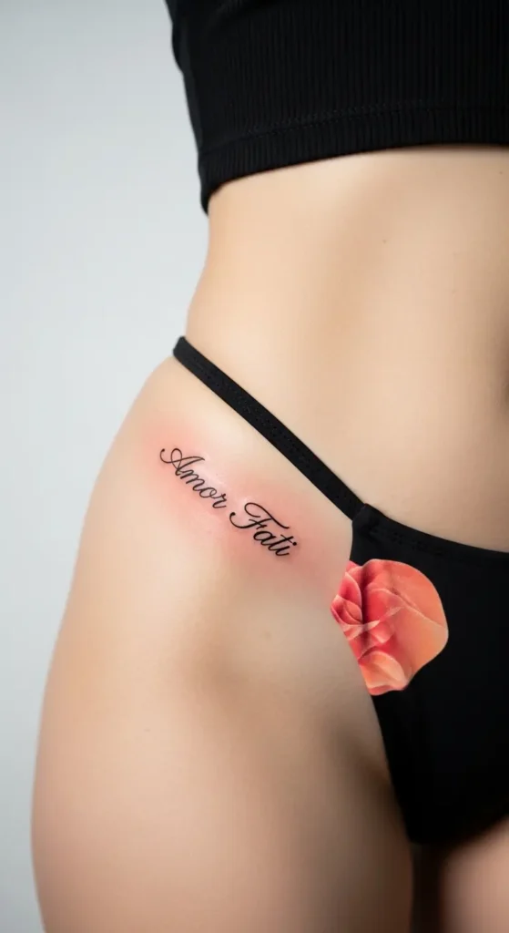 Bikini line text tattoo