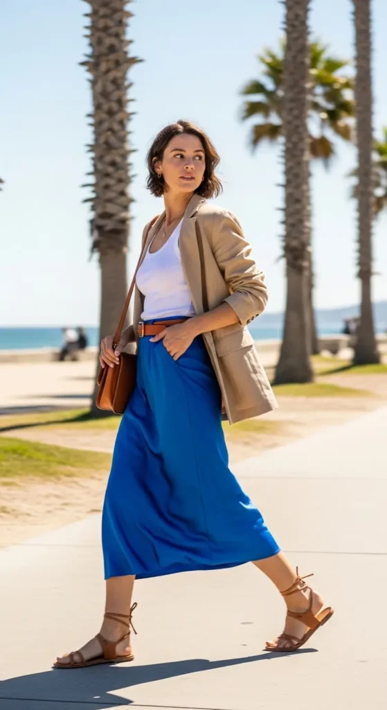Bold blue satin skirt outfit