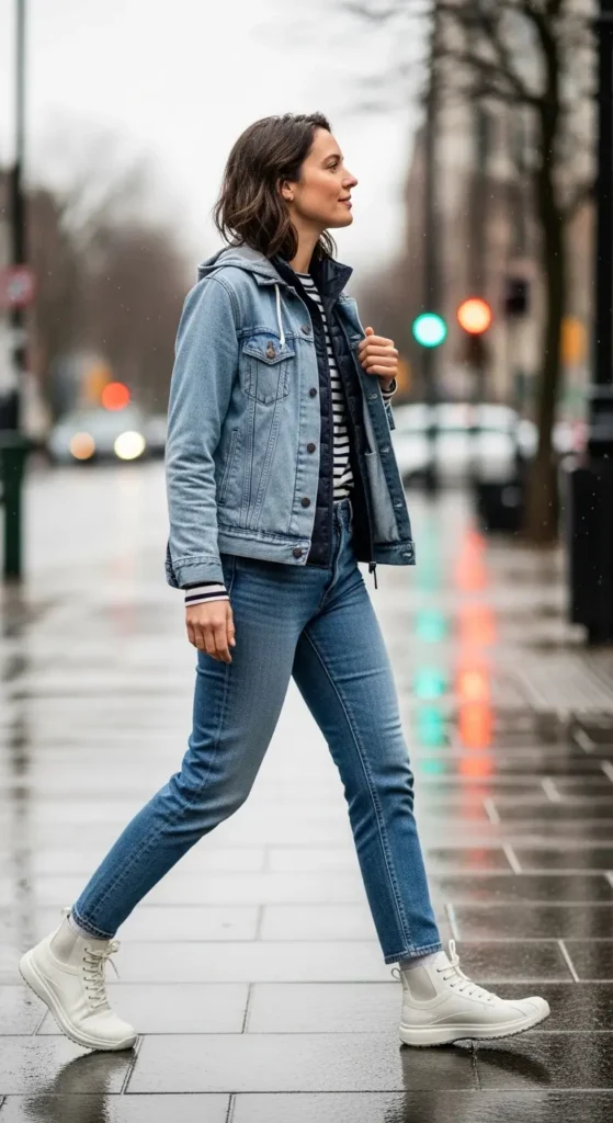 Denim rainy day outfit