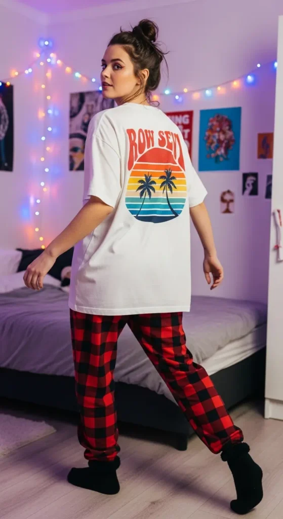 Graphic tee plaid pajama outfit