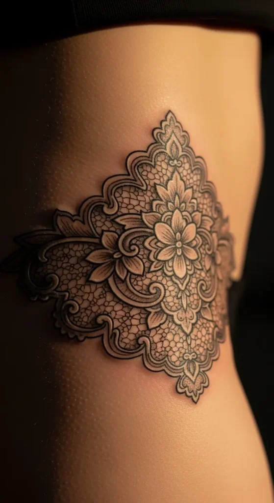 Lace pattern hip tattoo