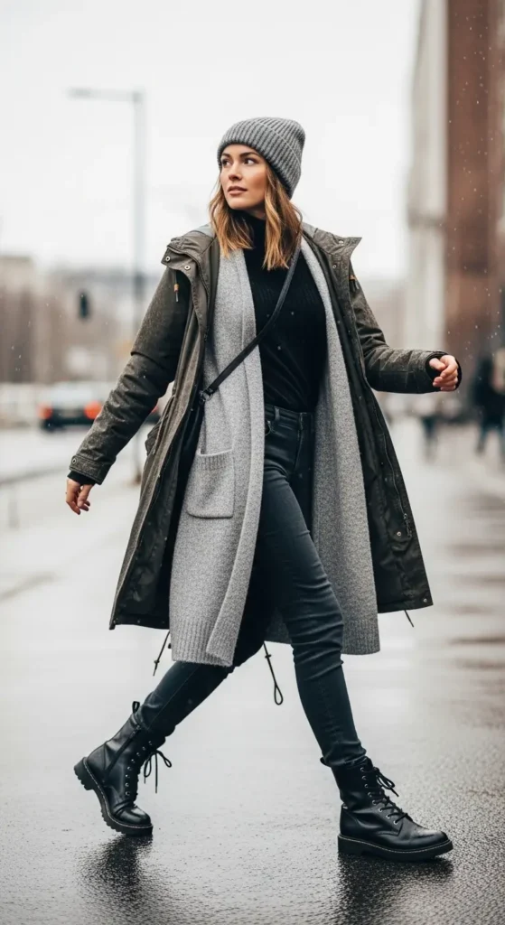 Layered rainy weather outfit