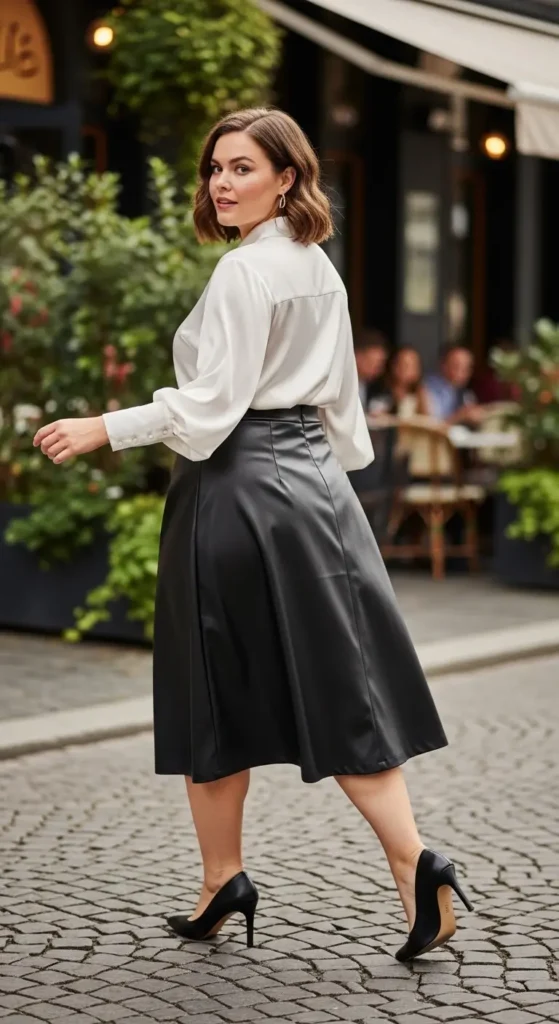 Leather skirt silk blouse outfit