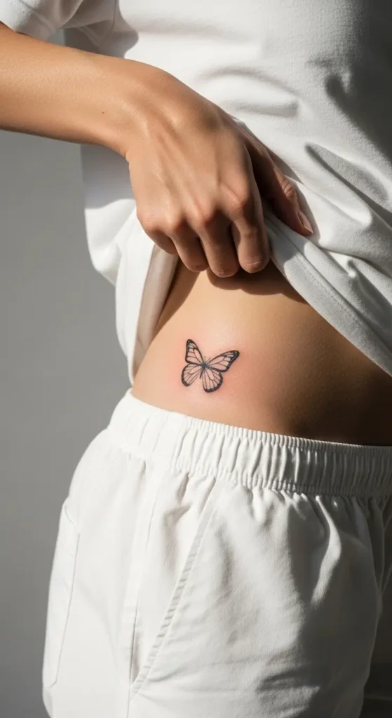 Minimalist butterfly hip tattoo