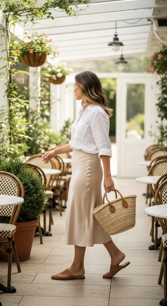 Neutral satin skirt brunch look