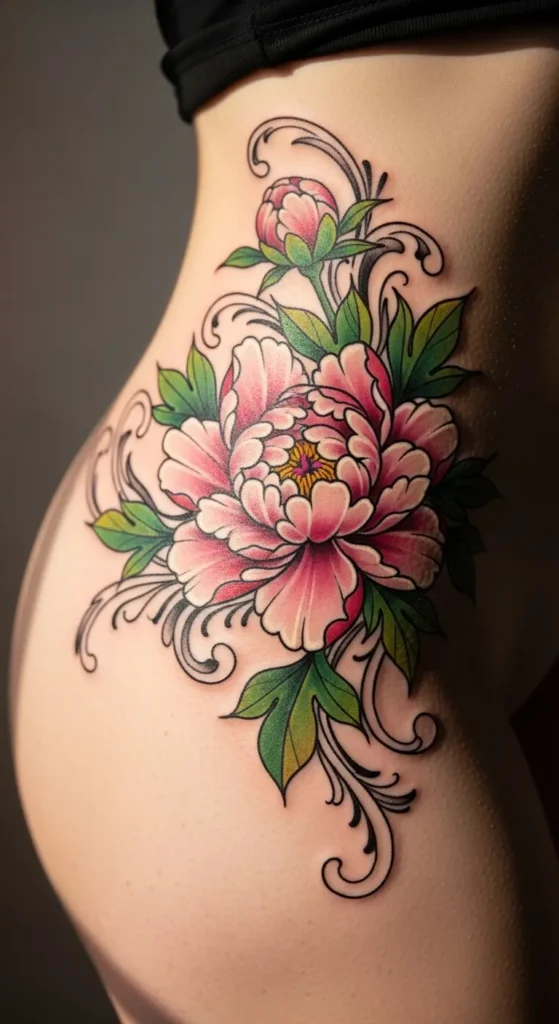 Peony hip tattoo