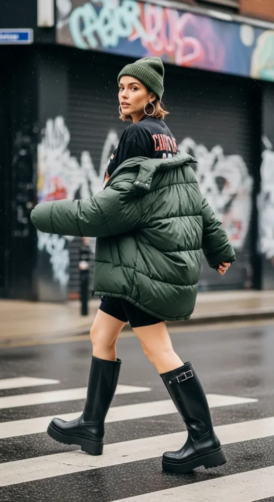 Puffer jacket rainy outfit