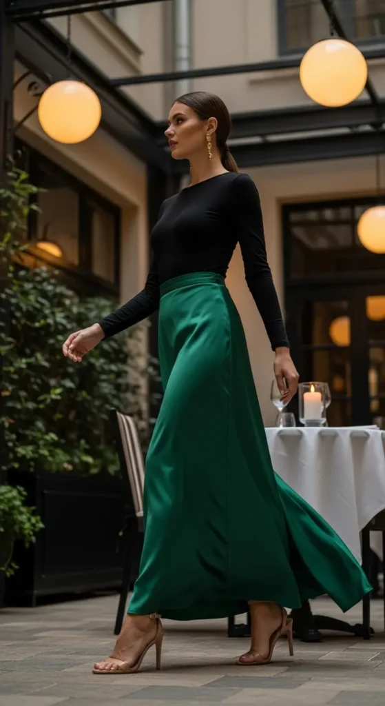Satin maxi skirt date outfit