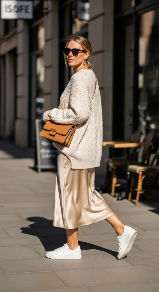 Satin midi skirt casual outfit