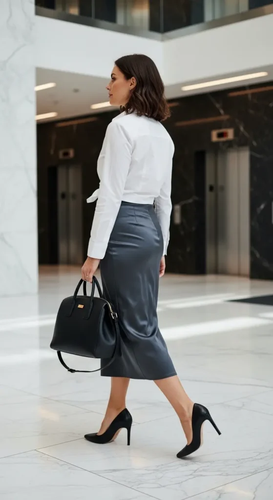 Satin pencil skirt office outfit