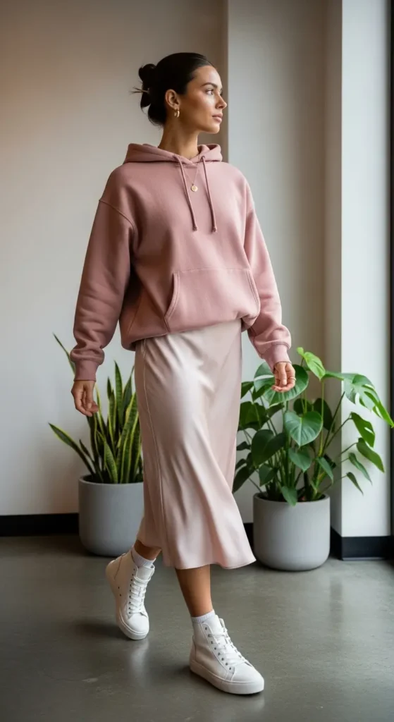 Satin skirt athleisure outfit