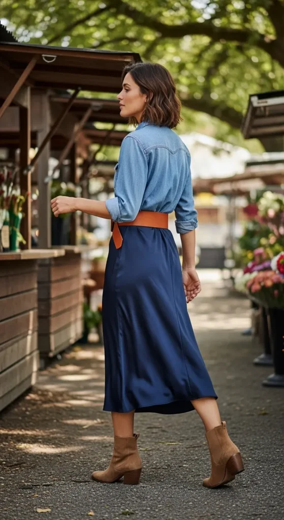 Satin skirt denim shirt outfit