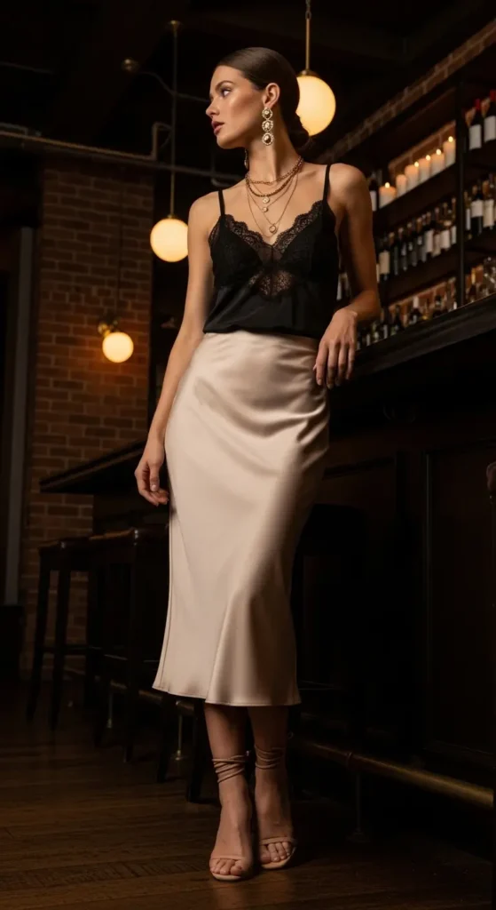 Satin skirt romantic lace outfit