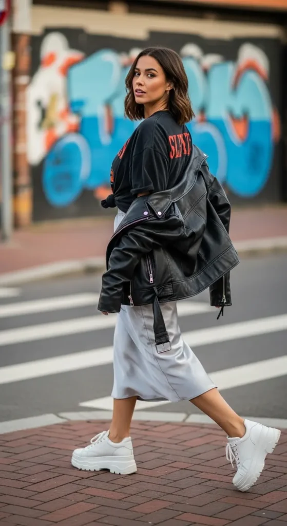 Satin skirt street style sneakers