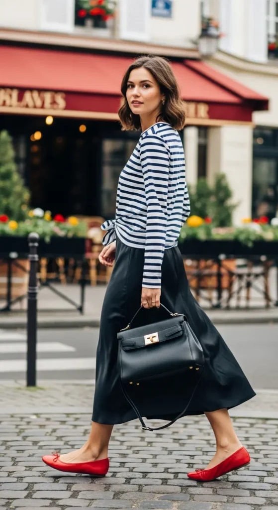 Satin skirt striped top look